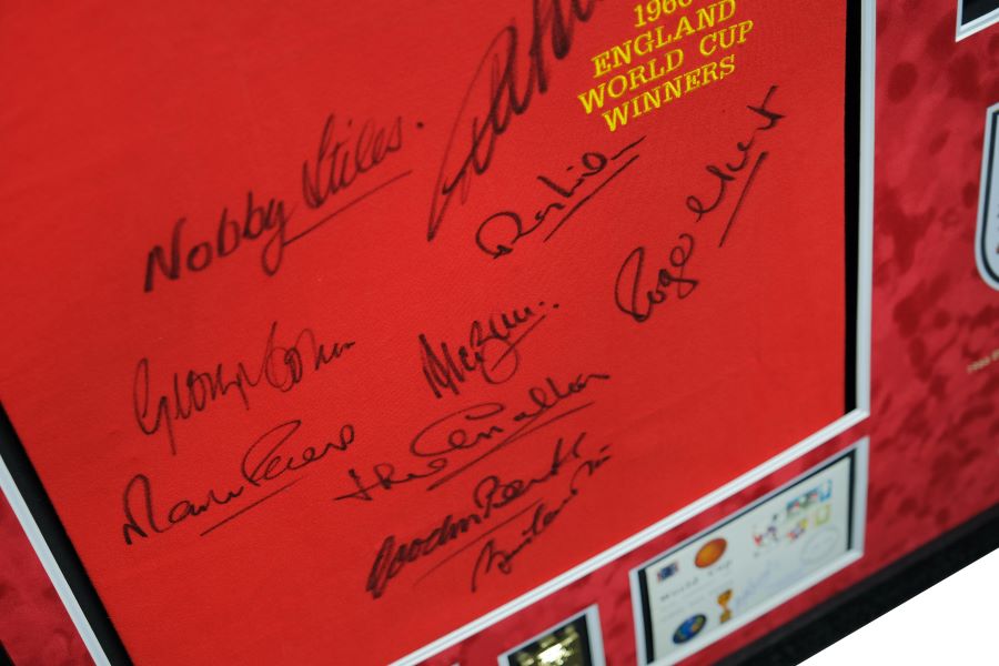 1966 Multi Signed England Shirt with Brochure and Medal Framed Display - Memorabilia Framers Shop