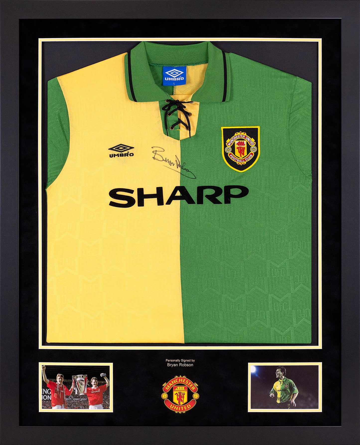 Signed Bryan Robson 92/94 Third Strip Display