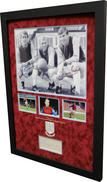 Bobby Moore, Martin Peters and Geoff Hurst Signed West Ham Photo and Autograph Display - Memorabilia Framers Shop