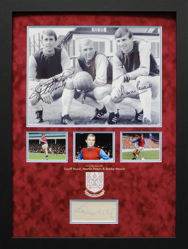 Bobby Moore, Martin Peters and Geoff Hurst Signed West Ham Photo and Autograph Display - Memorabilia Framers Shop