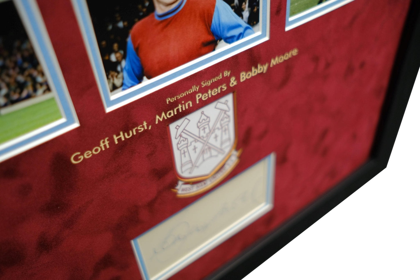 Bobby Moore, Martin Peters and Geoff Hurst Signed West Ham Photo and Autograph Display - Memorabilia Framers Shop