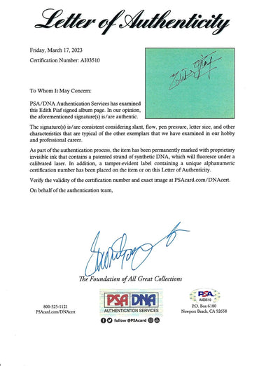 Edith Piaf Signed White Card Display - Memorabilia Framers Shop