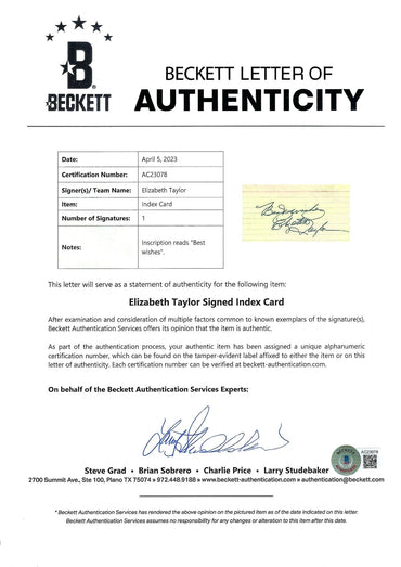 Elizabeth Taylor Signed Photograph White Card Display - Memorabilia Framers Shop