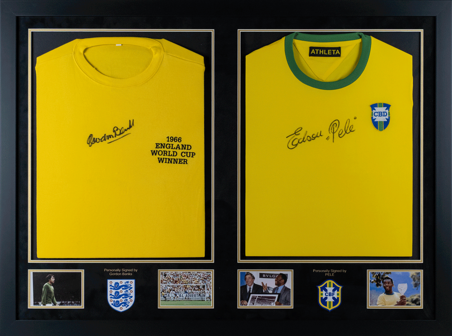 Pele & Gordon Banks Signed Dual Shirt Display