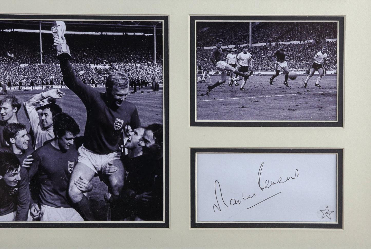 Geoff Hurst Signed 12x8 Photograph and Martin Peters Signed White Card Framed Display - Memorabilia Framers Shop