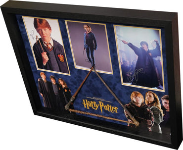 Harry Potter Triple Signed Framed Display with Wand - Memorabilia Framers Shop