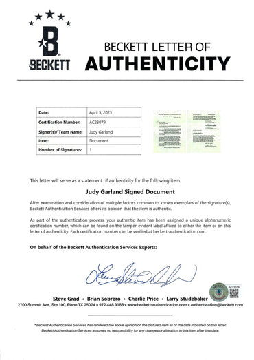 Judy Garland Signed Original Contract Display - Memorabilia Framers Shop