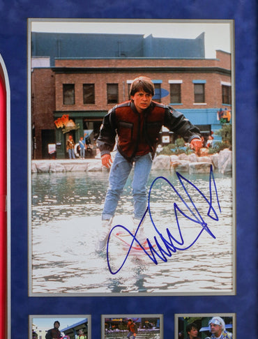 Michael J Foxx and Christopher Lloyd , Back To The Future Signed Framed Display With Hoverboard - Memorabilia Framers Shop