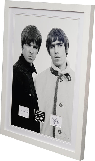 Noel Gallagher and Liam Gallagher Signed Oasis White Card Framed Display - Memorabilia Framers Shop