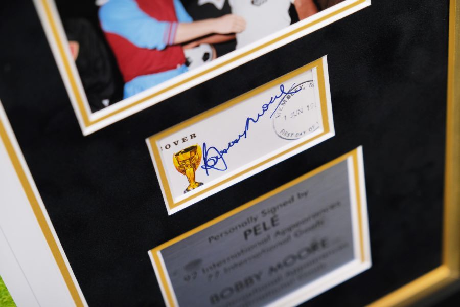 Pele and Bobby Moore signed Photograph with Silver Plaque Framed Display - Memorabilia Framers Shop