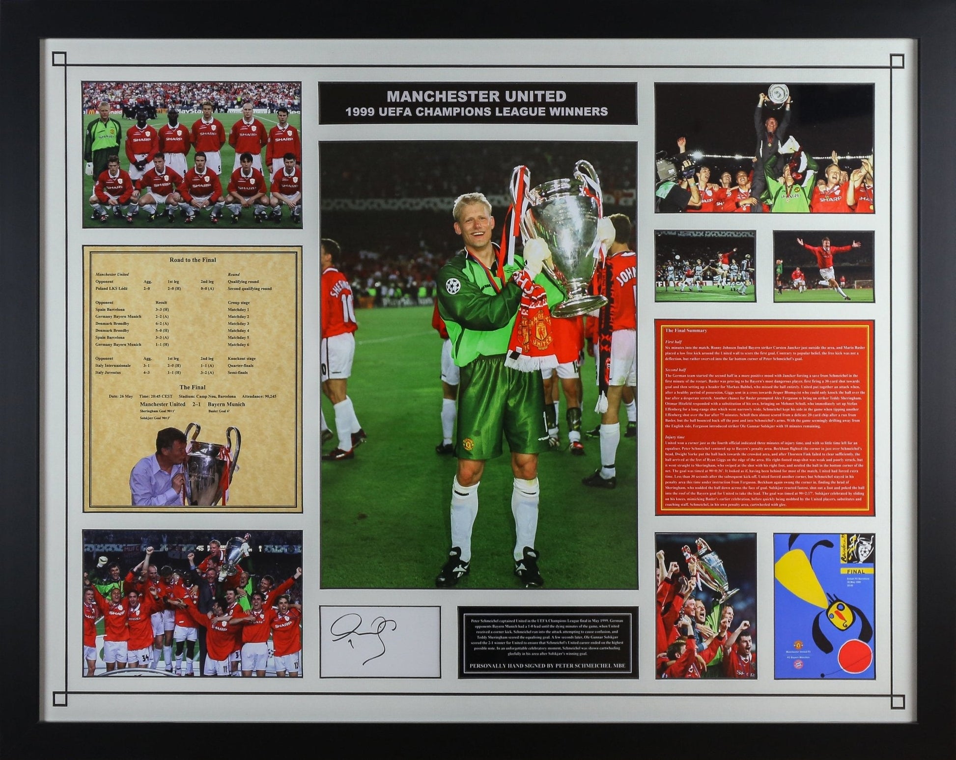 Peter Schmeichel Man United 1999 UE FA Champions Signed White Card Framed Display - Memorabilia Framers Shop