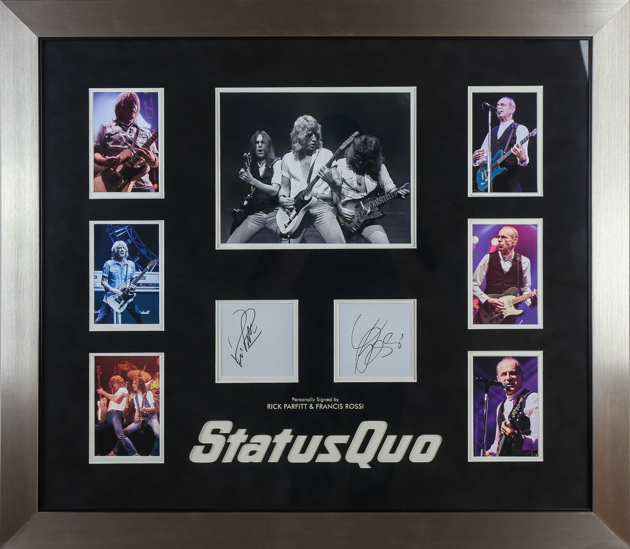 Rick Parfitt and Francis Rossi, Satus Quo Signed White Card Framed Display - Memorabilia Framers Shop