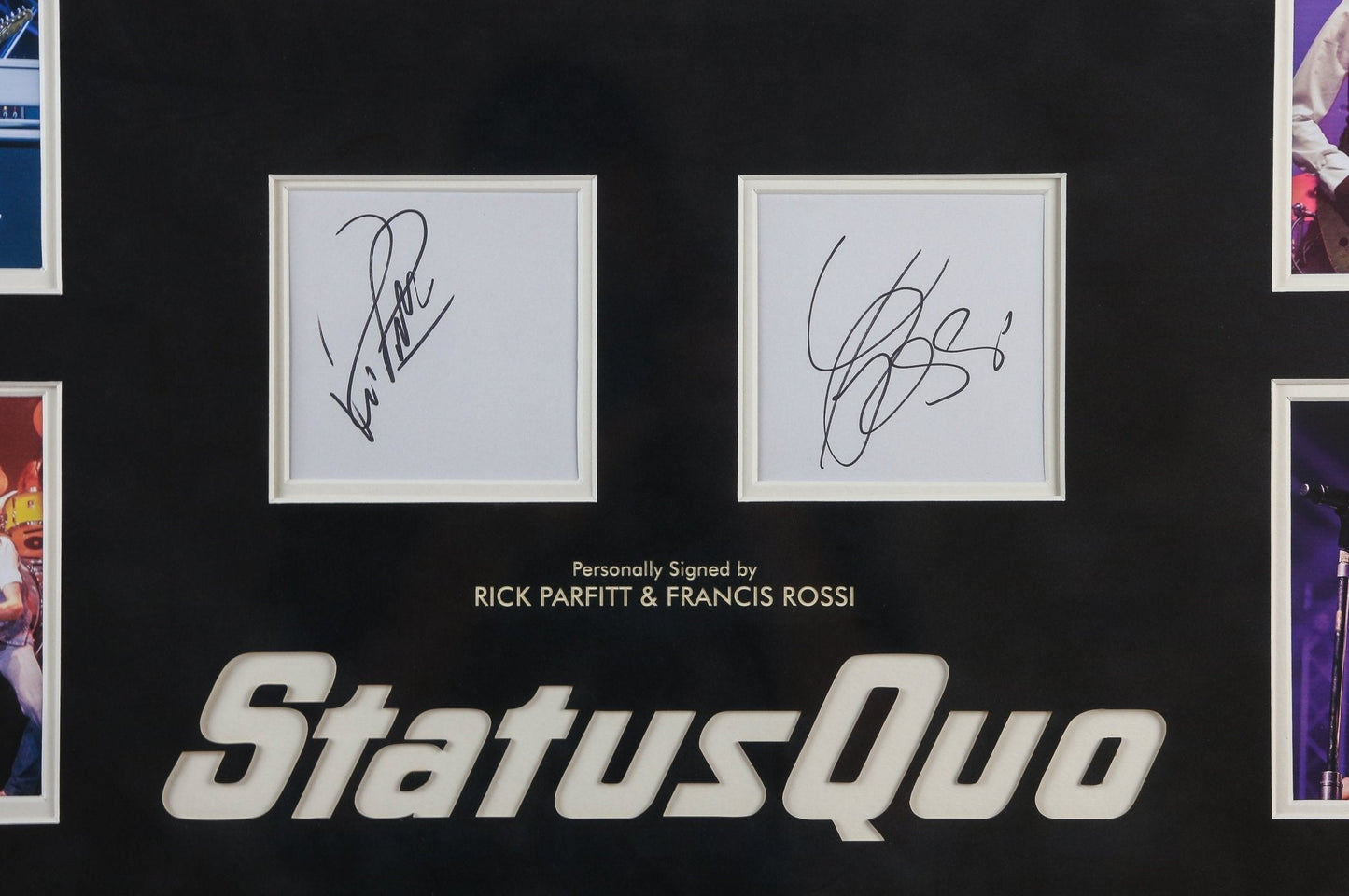 Rick Parfitt and Francis Rossi, Satus Quo Signed White Card Framed Display - Memorabilia Framers Shop