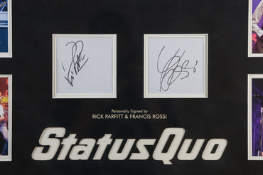 Rick Parfitt and Francis Rossi, Satus Quo Signed White Card Framed Display - Memorabilia Framers Shop