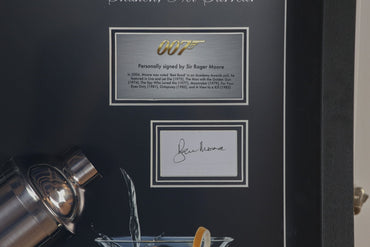 Roger Moore, 007 Signed Whitcard Shaker Framed Display - Memorabilia Framers Shop