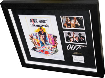Roger Moore, 007 Signed White Card Photograph Framed Display - Memorabilia Framers Shop