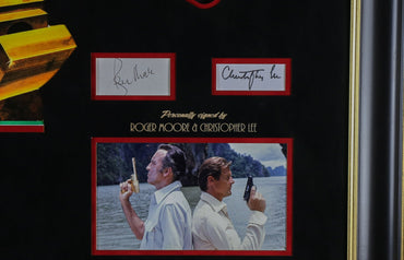 Roger Moore and Christopher Lee, 007 Signed White card Framed Display with Golden Gun - Memorabilia Framers Shop