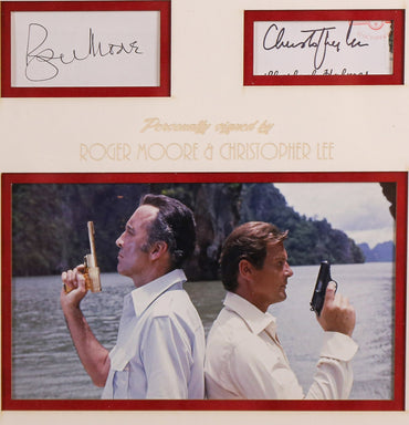 Roger Moore and Christopher Lee, 007 Signed Whitecard Framed Display with Golden Gun - Memorabilia Framers Shop