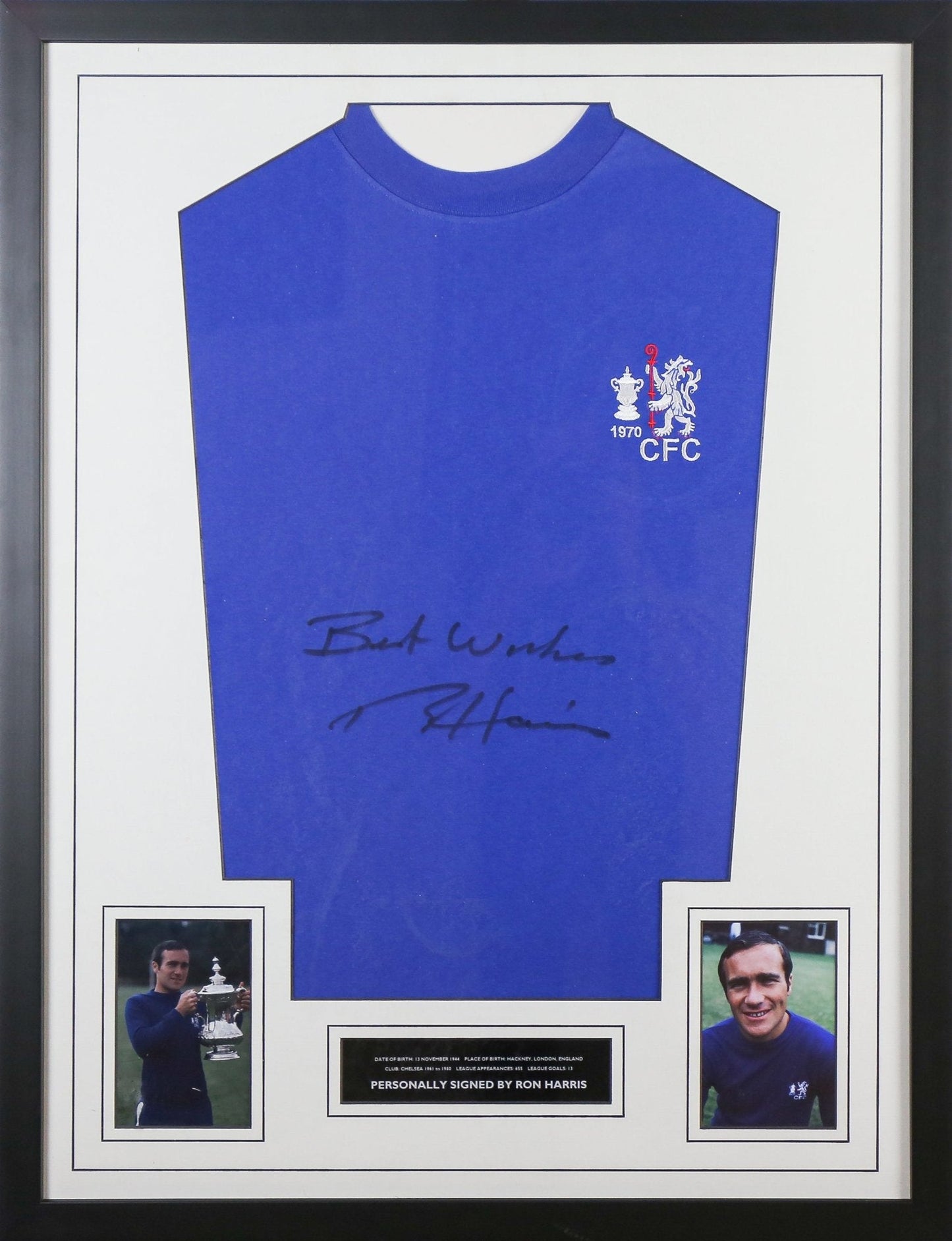 Ron Harris Signed Chelsea Shirt Framed - Memorabilia Framers Shop
