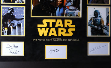 Triple Signed Star Wars White Card Framed Display: Dave Filoni, Jeremy Bulloch, and Billy Dee Williams