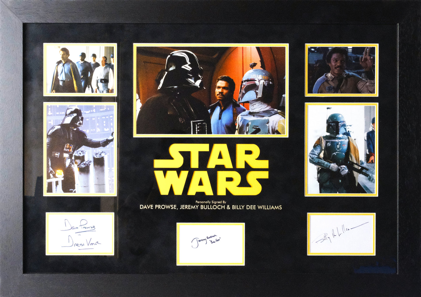 Triple Signed Star Wars White Card Framed Display: Dave Filoni, Jeremy Bulloch, and Billy Dee Williams