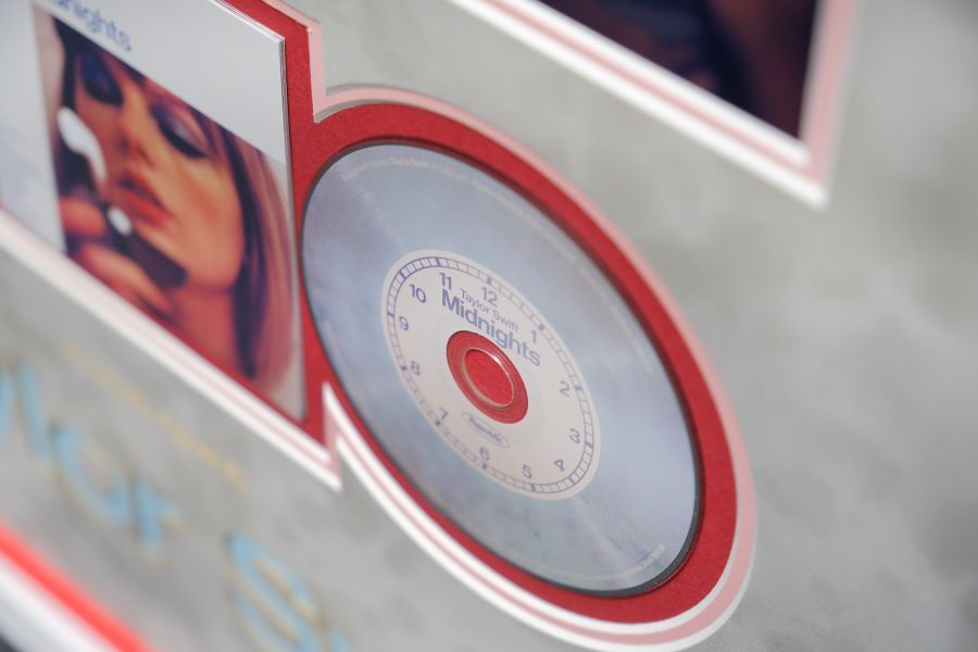 Taylor Swift Signed Midnight Album Record Display with Red Detail and Blue Laser Cut - Memorabilia Framers Shop