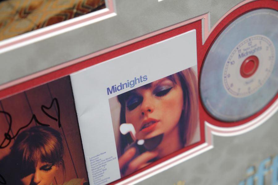 Taylor Swift Signed Midnight Album Record Display with Red Detail and Blue Laser Cut - Memorabilia Framers Shop
