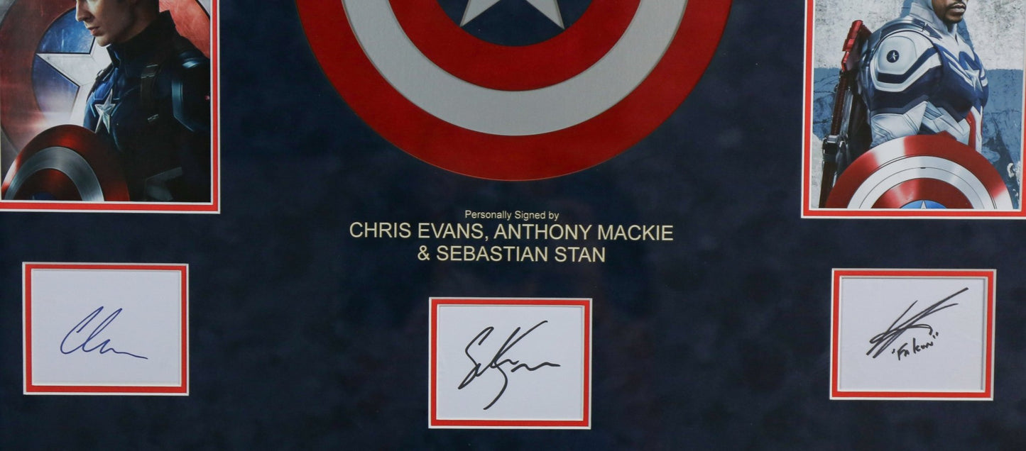Triple Signed Captain America White card Framed Display - Memorabilia Framers Shop