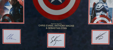 Triple Signed Captain America White card Framed Display - Memorabilia Framers Shop