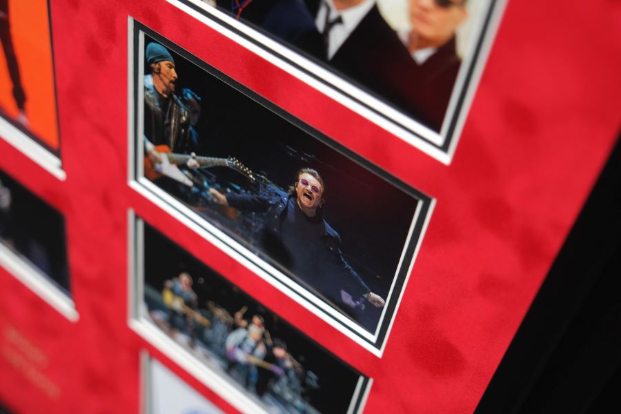 U2 Bono and The Edge signed White Card Photograph Framed Display - Memorabilia Framers Shop