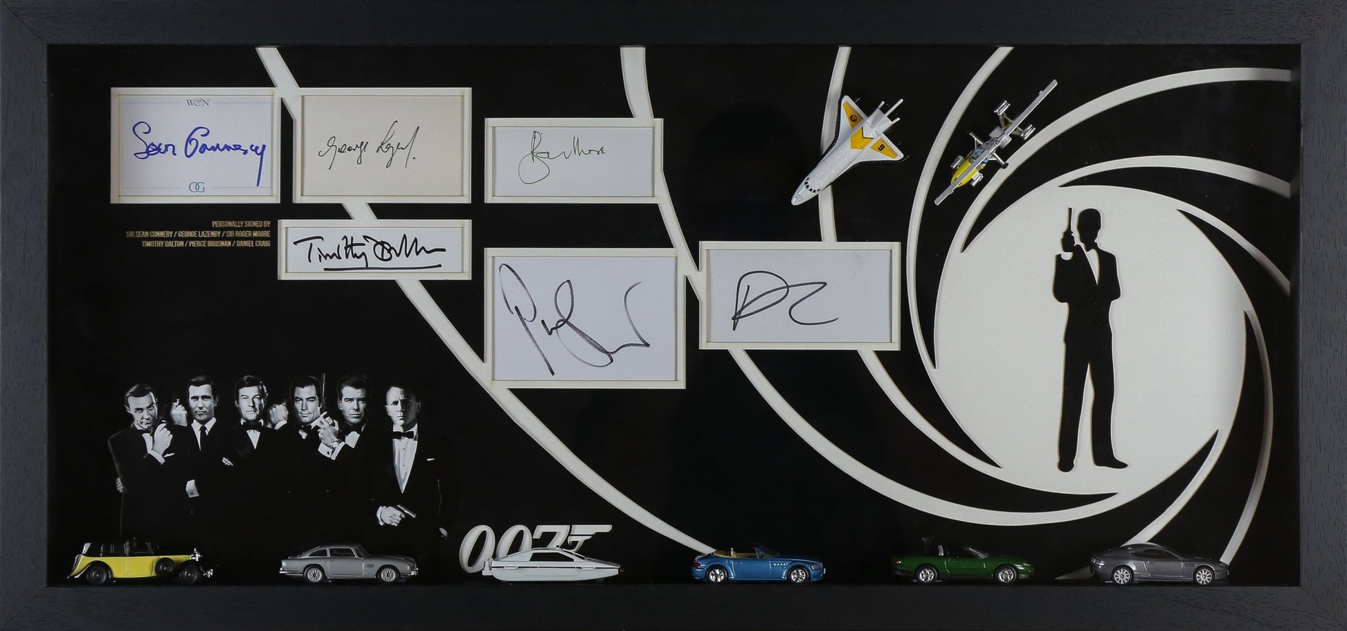 007 Signed White card Display With Framed Cars - Memorabilia Framers Shop