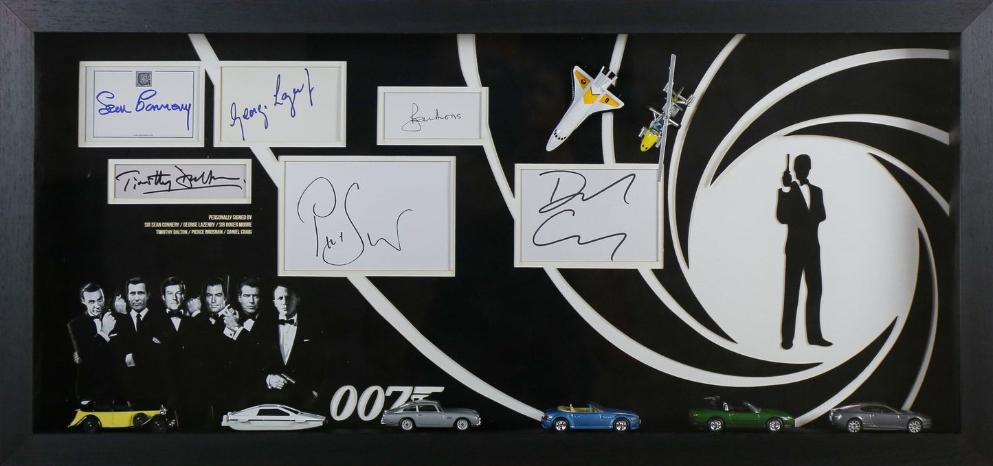 007 Signed Whitecard Display With Framed Cars - Memorabilia Framers Shop