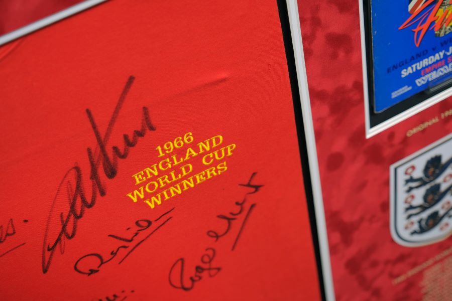 1966 Multi Signed England Shirt with Brochure and Medal Framed Display - Memorabilia Framers Shop