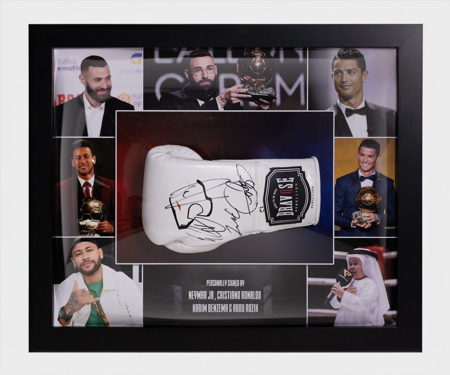 Neymar Jr, Ronaldo, Benzema, Rozik Signed Glove Display