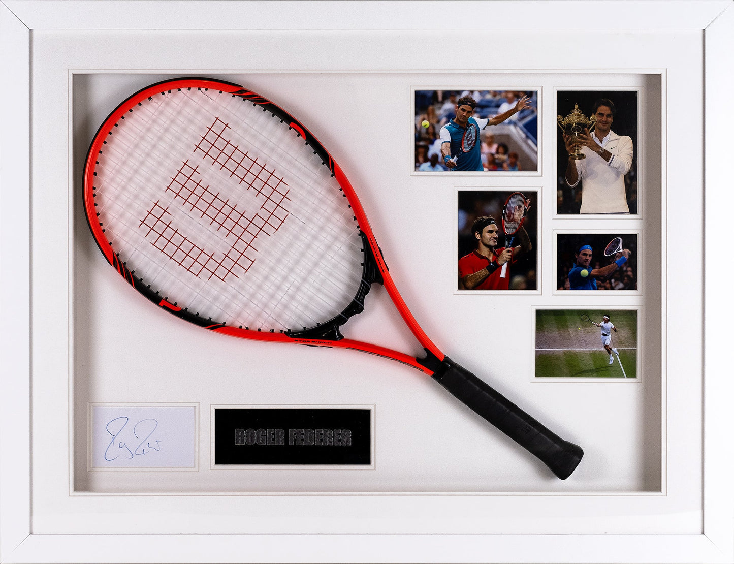 Roger Federer Signed White Card With Racket Framed Display