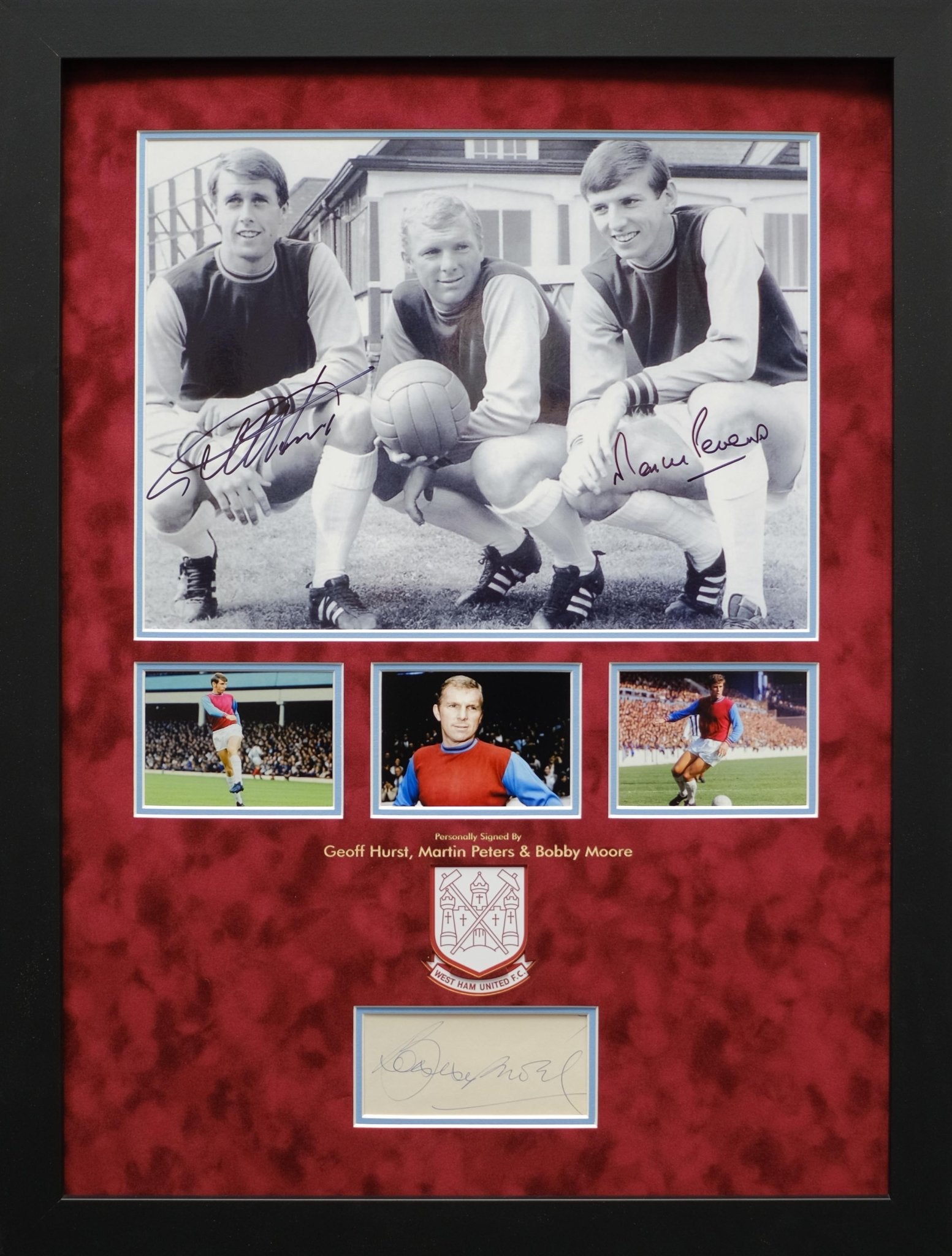 Bobby Moore, Martin Peters and Geoff Hurst Signed West Ham Photo and Autograph Display - Memorabilia Framers Shop