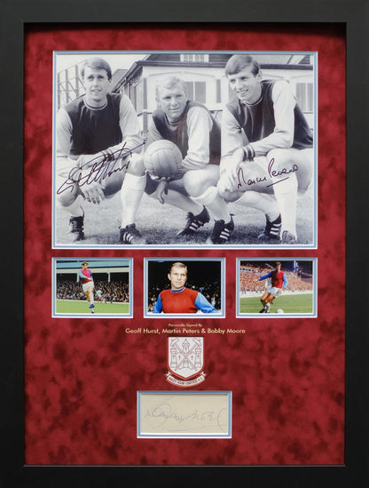 Bobby Moore, Martin Peters and Geoff Hurst Signed West Ham Photo and Autograph Display - Memorabilia Framers Shop