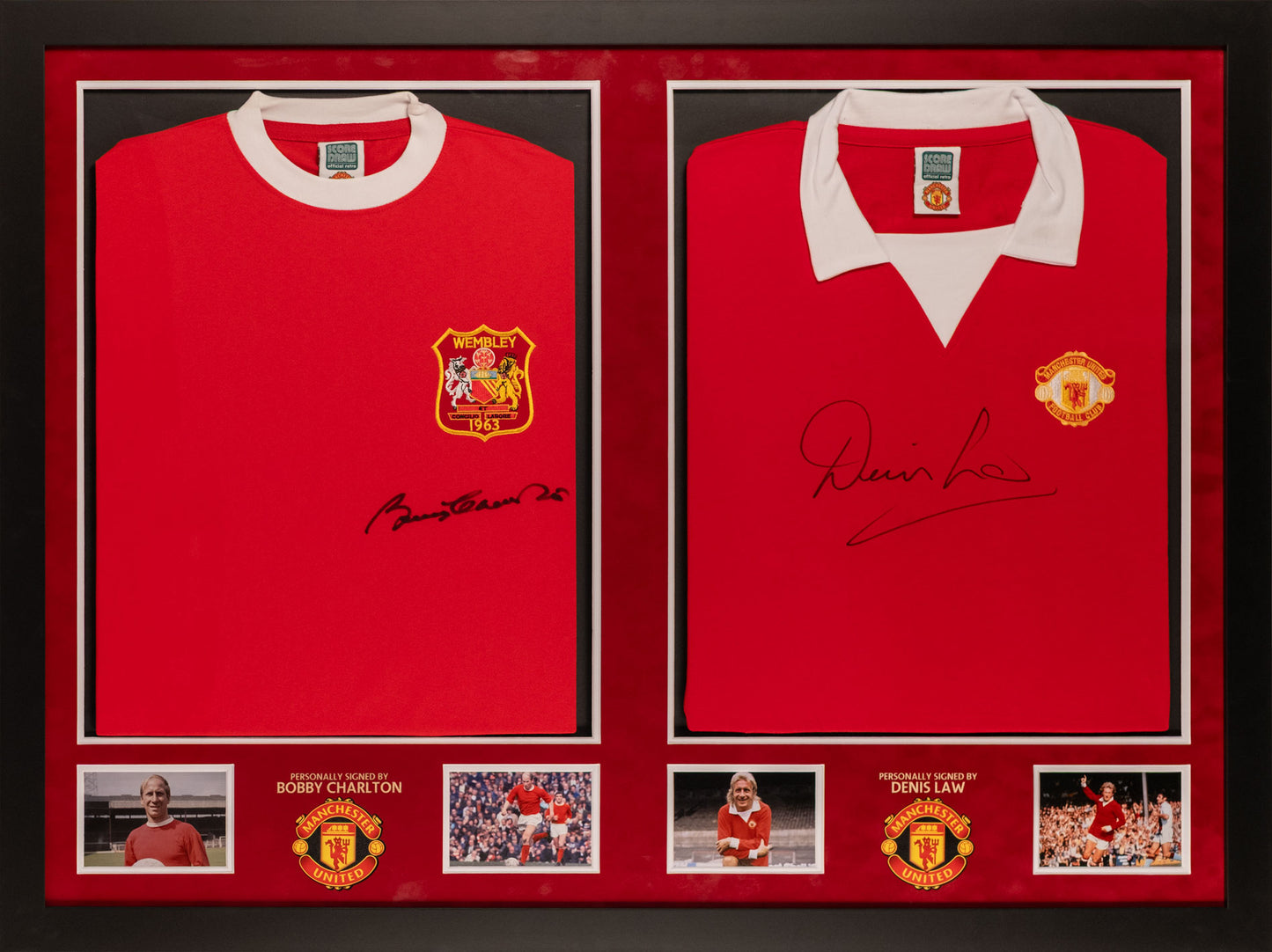 Denis Law and Bobby Charlton Signed Dual Shirt Display