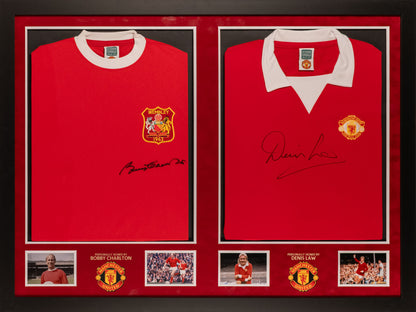 Denis Law and Bobby Charlton Signed Dual Shirt Display