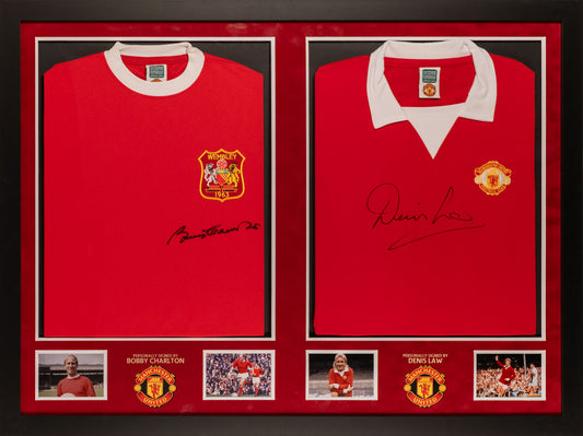 Denis Law and Bobby Charlton Signed Dual Shirt Display