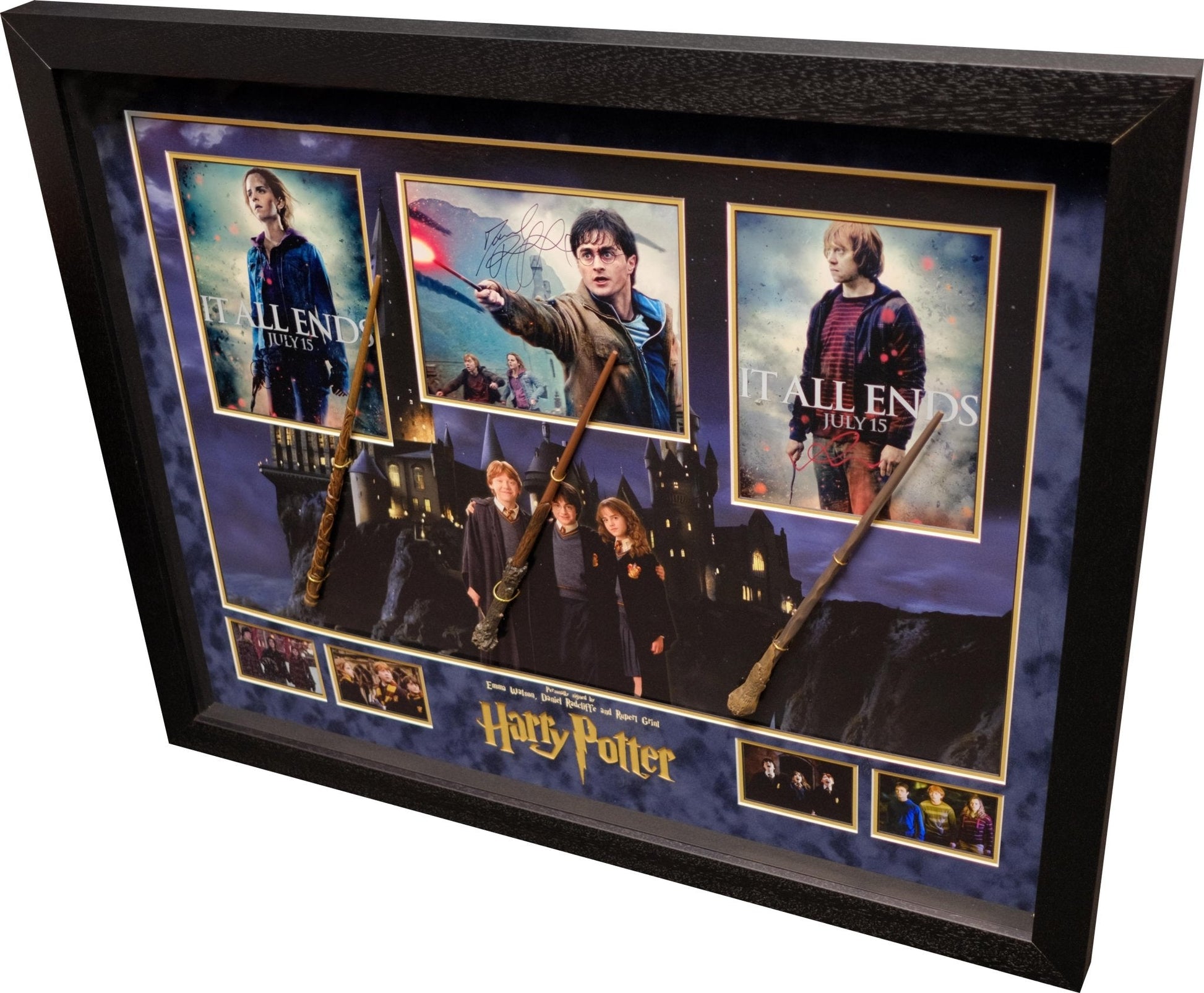Harry Potter, Ron and Hermione Signed Framed Display with Wands - Memorabilia Framers Shop