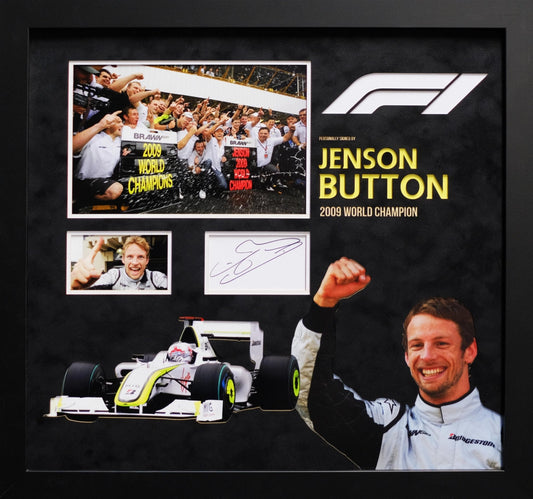 Jenson Button signed white card Formula one world champion - Memorabilia Framers Shop