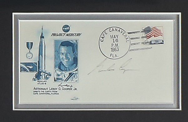 Mercury 7 Full Crew Signed Postcards with Badges Framed - Memorabilia Framers Shop
