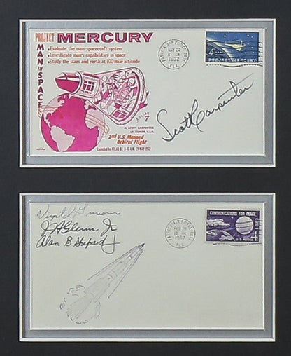 Mercury 7 Full Crew Signed Postcards with Badges Framed - Memorabilia Framers Shop