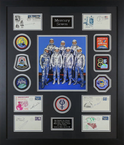 Mercury 7 Full Crew Signed Postcards with Badges Framed - Memorabilia Framers Shop