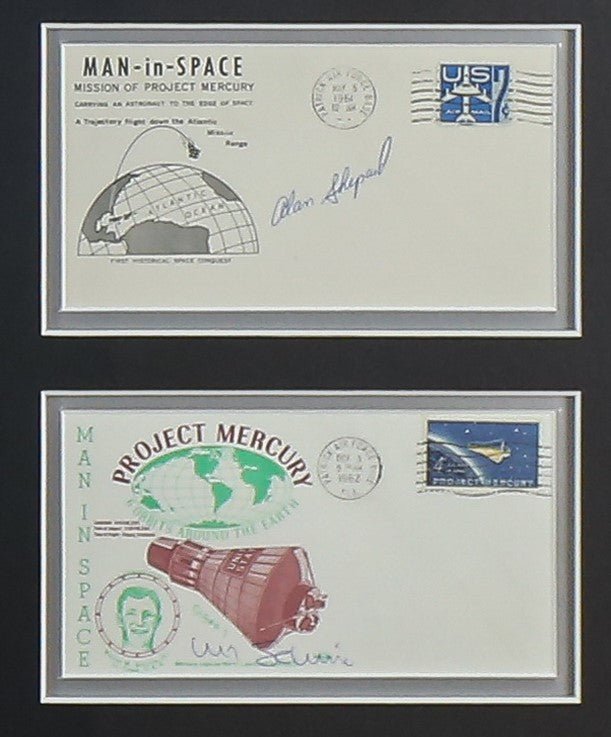 Mercury 7 Full Crew Signed Postcards with Badges Framed - Memorabilia Framers Shop