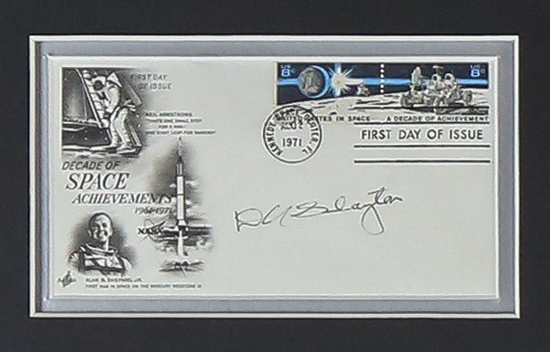 Mercury 7 Full Crew Signed Postcards with Badges Framed - Memorabilia Framers Shop