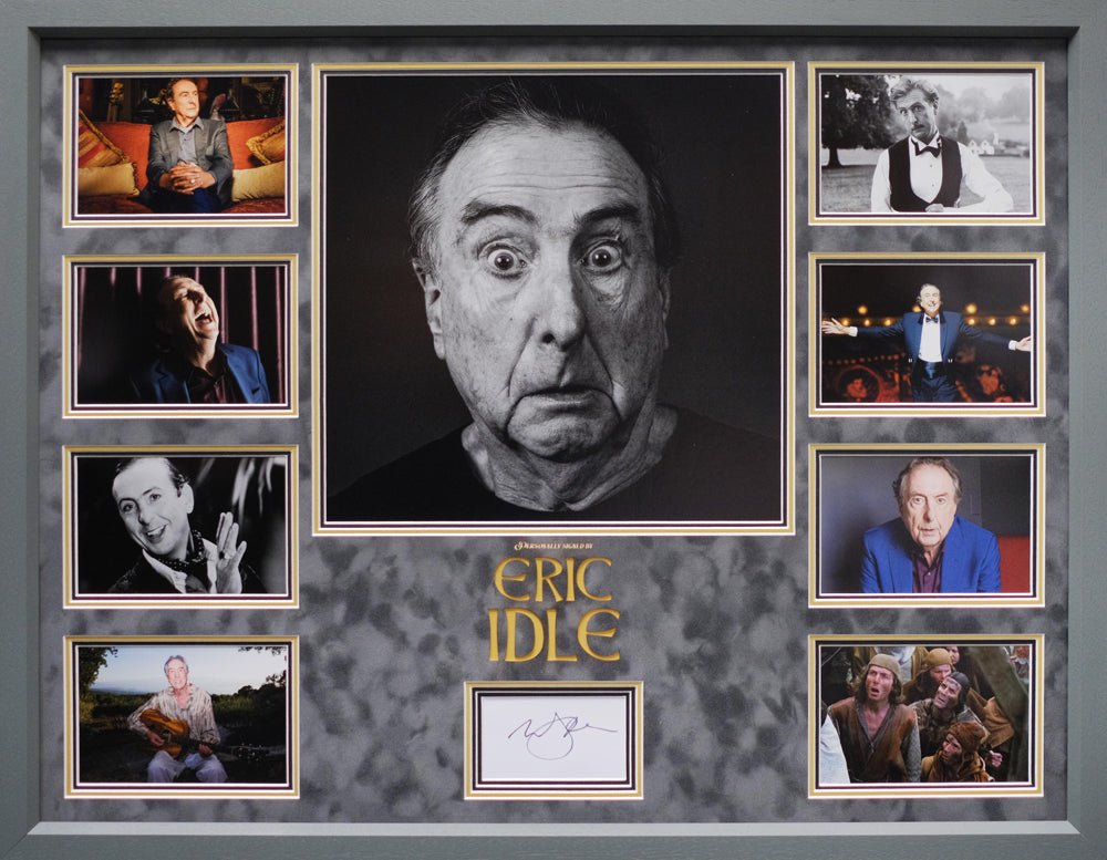 Monty Python Star Eric Idle signed white card display - Memorabilia Framers Shop