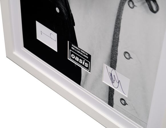 Noel Gallagher and Liam Gallagher Signed Oasis White Card Framed Display - Memorabilia Framers Shop