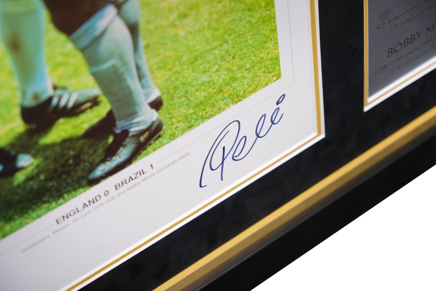 Pele and Bobby Moore signed Photograph with Silver Plaque Framed Display - Memorabilia Framers Shop